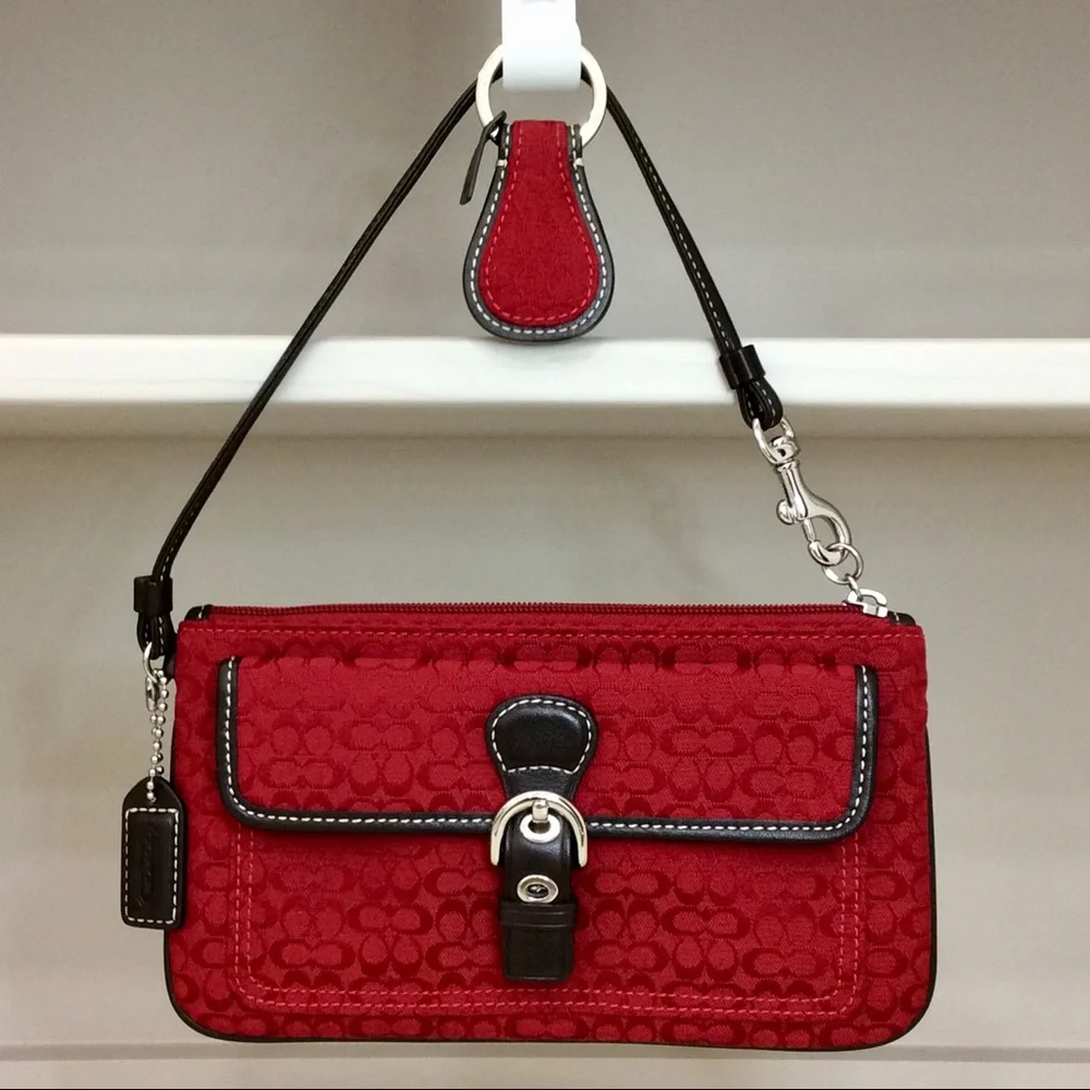 ✨ Coach Vintage Y2K Wristlet Red Brown Leather Trim Pouch Authentic Key Fob Set